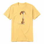 A mustard short-sleeve crewneck t-shirt for adult featuring a graphic of a dog on the front.