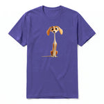 A purple short-sleeve crewneck t-shirt for adult featuring a graphic of a dog on the front.