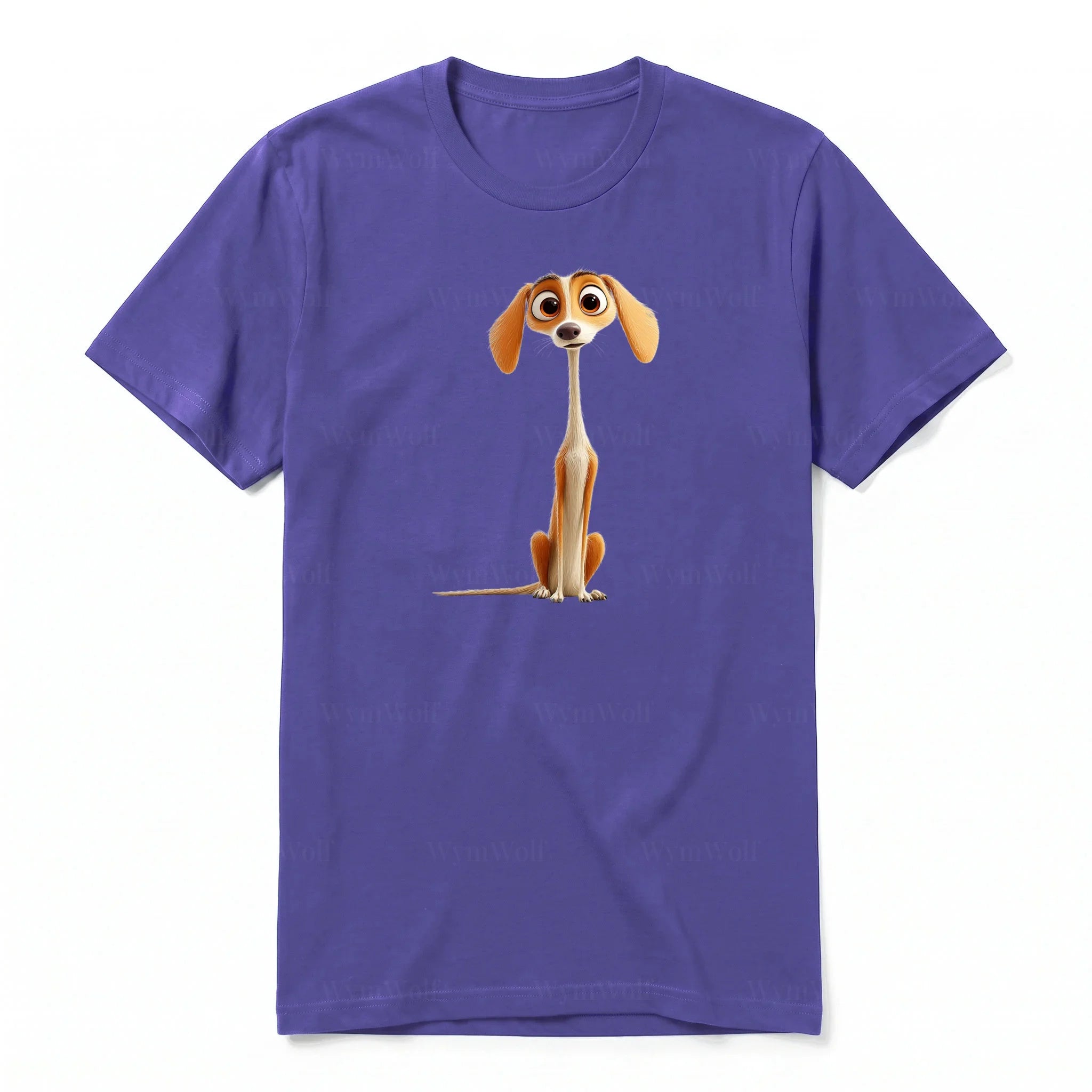 A purple short-sleeve crewneck t-shirt for adult featuring a graphic of a dog on the front.