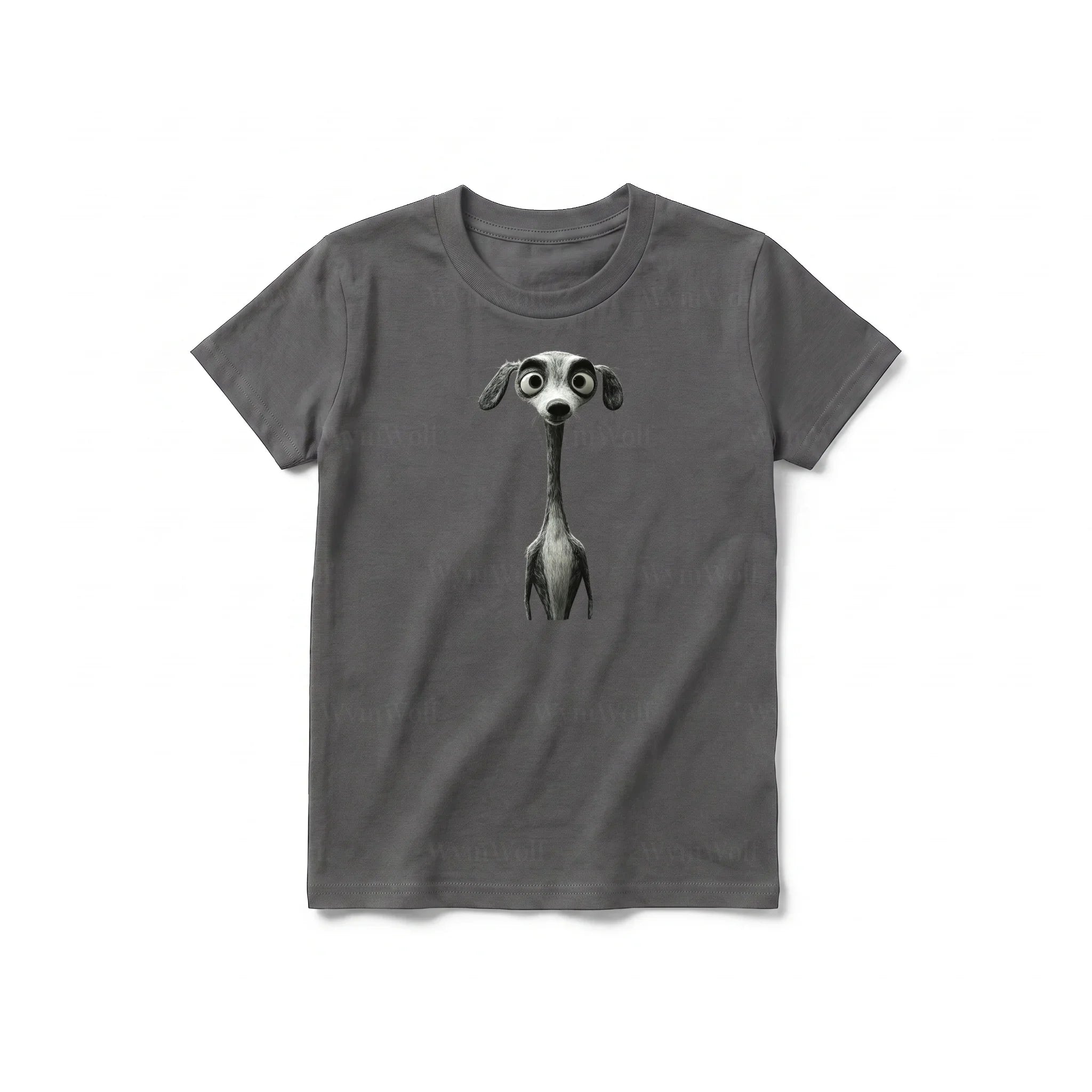 Un T-shirt charbon à manches courtes et col rond pour jeune, orné d'un motif représentant un chien sur le devant.