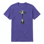 A purple short-sleeve crewneck t-shirt for adult featuring a graphic of a dog on the front.