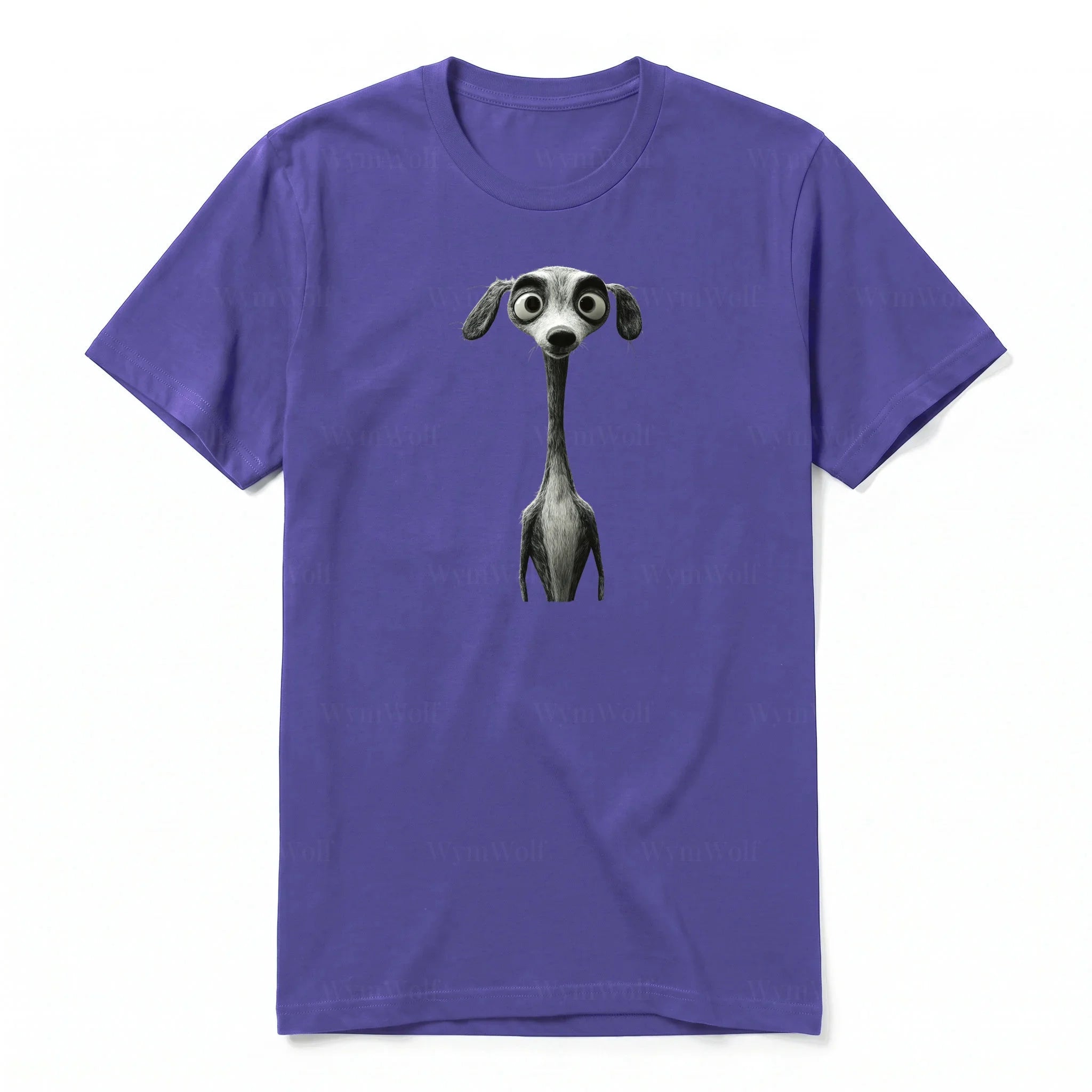 A purple short-sleeve crewneck t-shirt for adult featuring a graphic of a dog on the front.