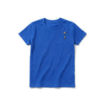 Un T-shirt royal à manches courtes et col rond pour jeune, orné d'un motif représentant un chien sur la poitrine gauche.