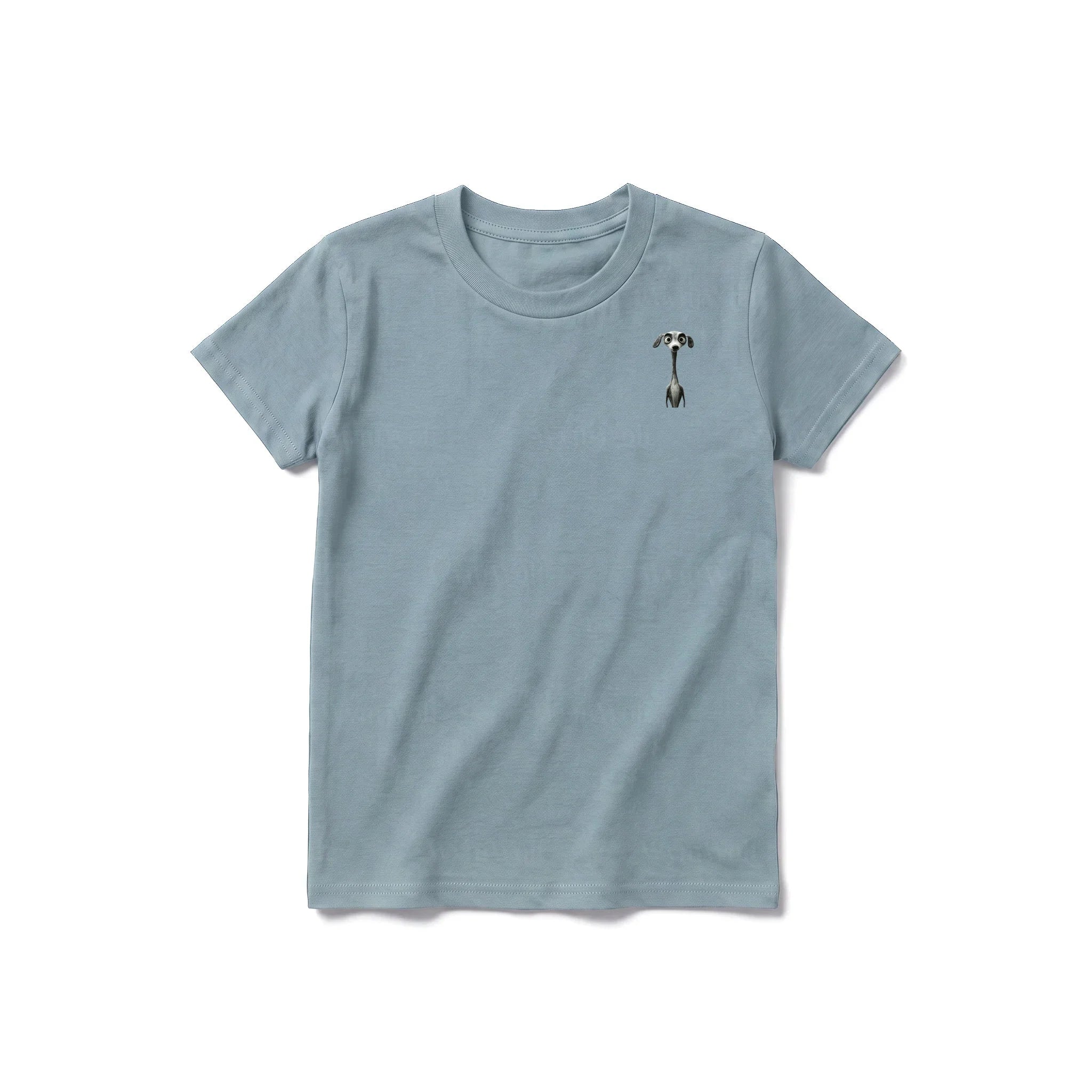 Un T-shirt sauge à manches courtes et col rond pour jeune, orné d'un motif représentant un chien sur la poitrine gauche.