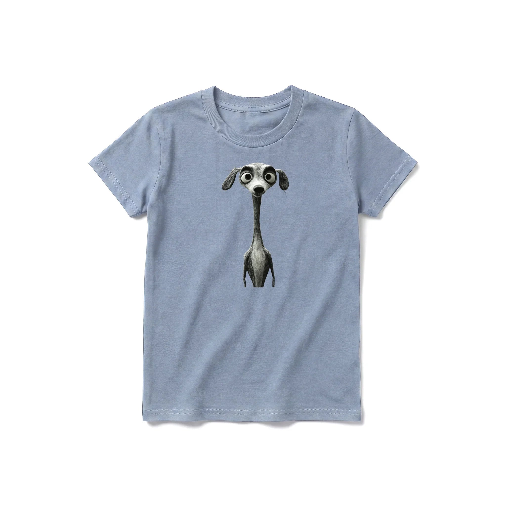 Un T-shirt steel-blue à manches courtes et col rond pour jeune, orné d'un motif représentant un chien sur le devant.