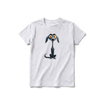 A ash grey short-sleeve crewneck t-shirt for youth featuring a graphic of a dog on the front.