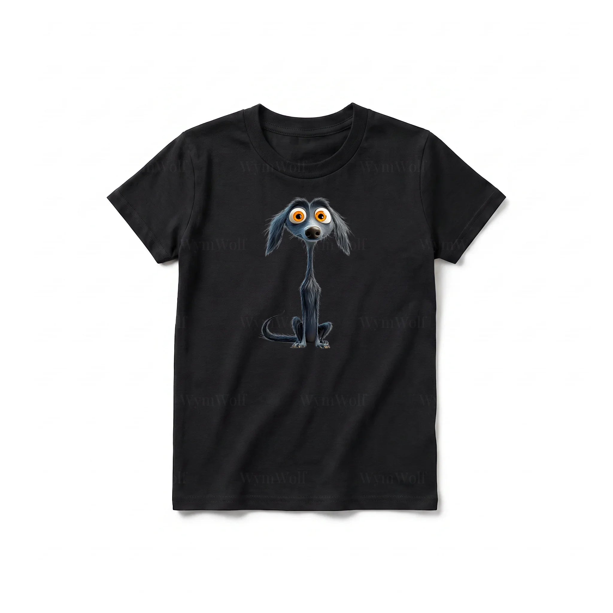 A black short-sleeve crewneck t-shirt for youth featuring a graphic of a dog on the front.