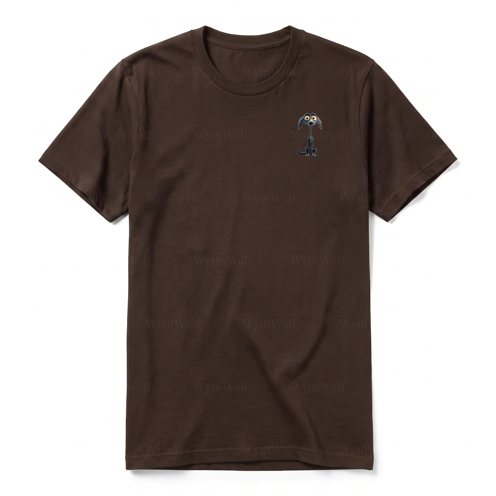 A chocolate short-sleeve crewneck t-shirt for adult featuring a graphic of a dog on the left chest.