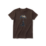 A chocolate short-sleeve crewneck t-shirt for youth featuring a graphic of a dog on the front.
