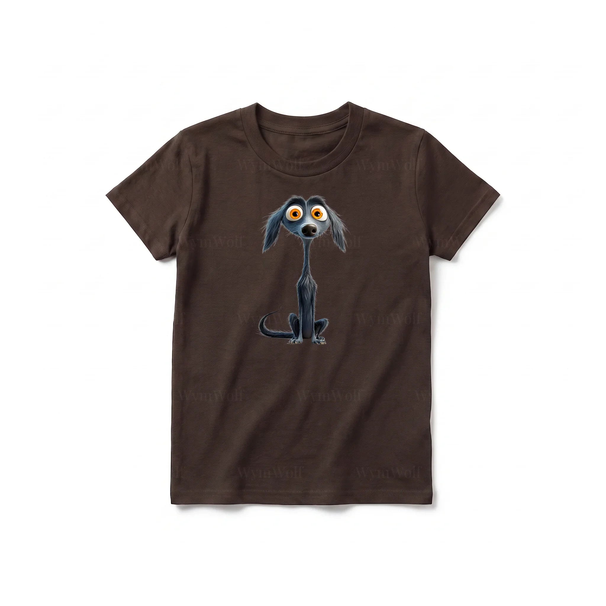 A chocolate short-sleeve crewneck t-shirt for youth featuring a graphic of a dog on the front.