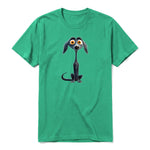 A kelly short-sleeve crewneck t-shirt for adult featuring a graphic of a dog on the front.