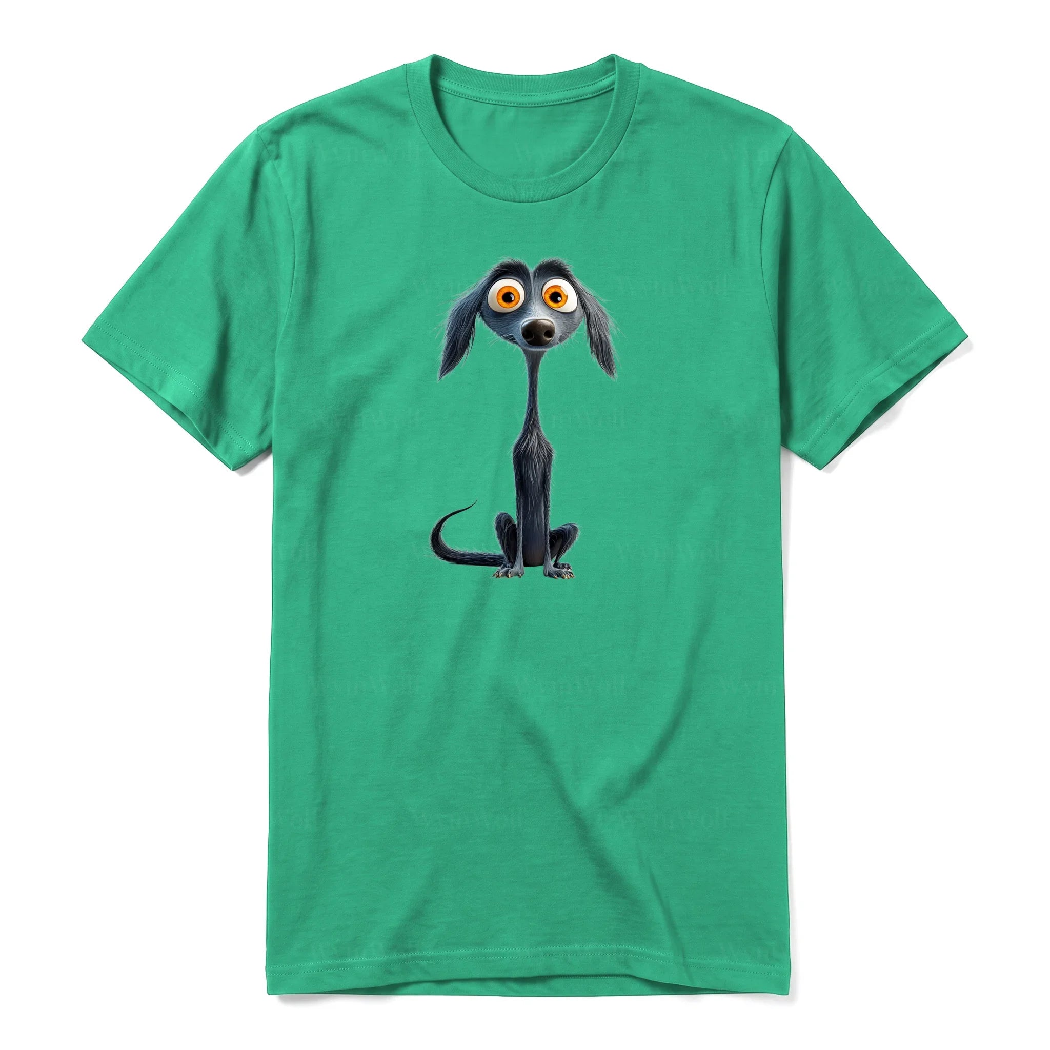 A kelly short-sleeve crewneck t-shirt for adult featuring a graphic of a dog on the front.