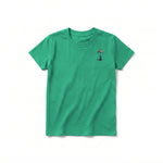 A kelly short-sleeve crewneck t-shirt for youth featuring a graphic of a dog on the left chest.