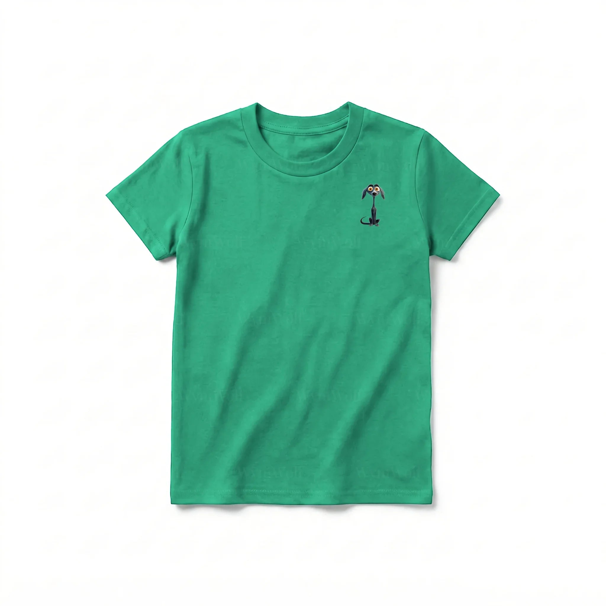 A kelly short-sleeve crewneck t-shirt for youth featuring a graphic of a dog on the left chest.