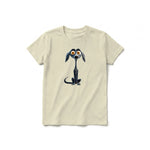 A latte short-sleeve crewneck t-shirt for youth featuring a graphic of a dog on the front.