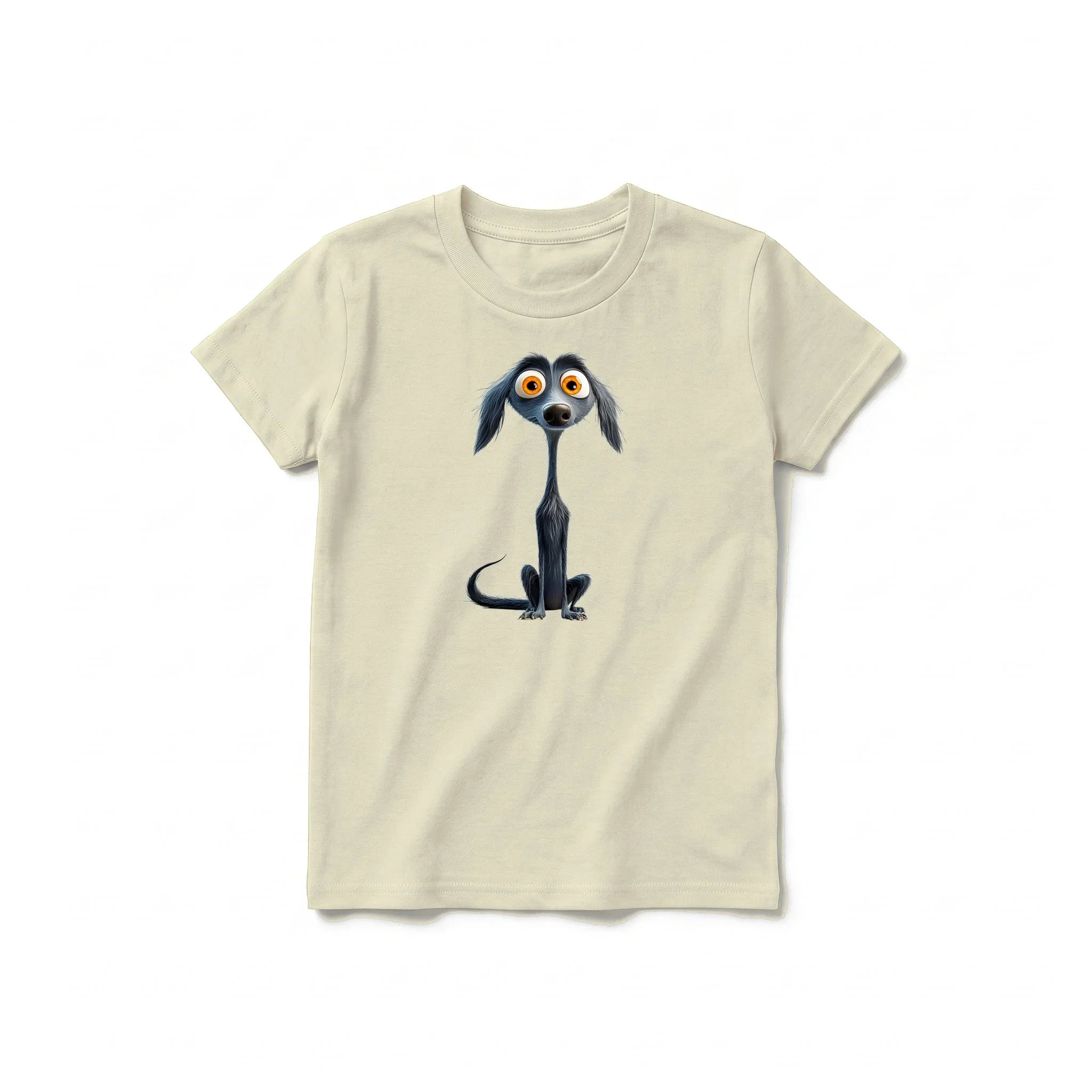 A latte short-sleeve crewneck t-shirt for youth featuring a graphic of a dog on the front.