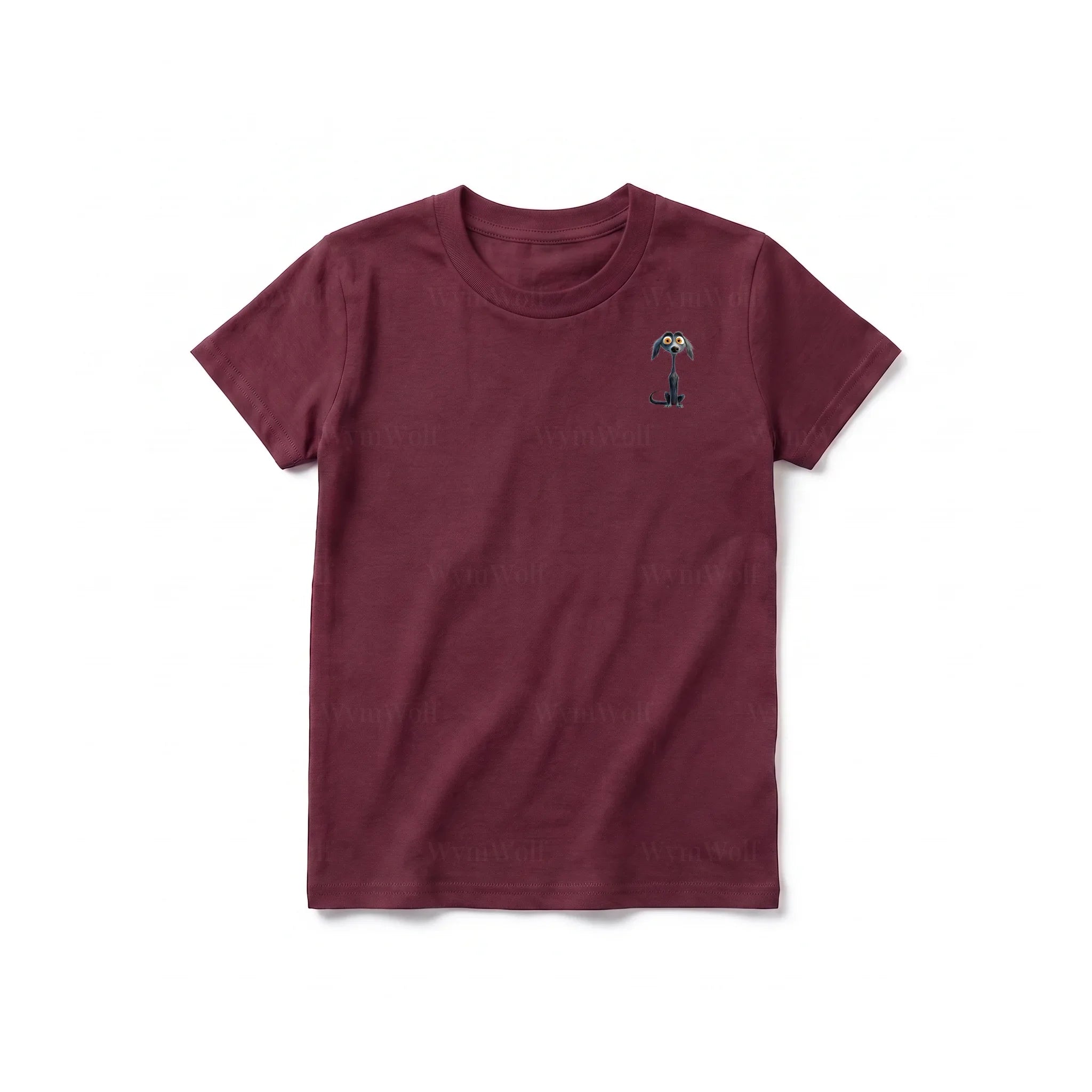 Un T-shirt marron à manches courtes et col rond pour jeune, orné d'un motif représentant un chien sur la poitrine gauche.