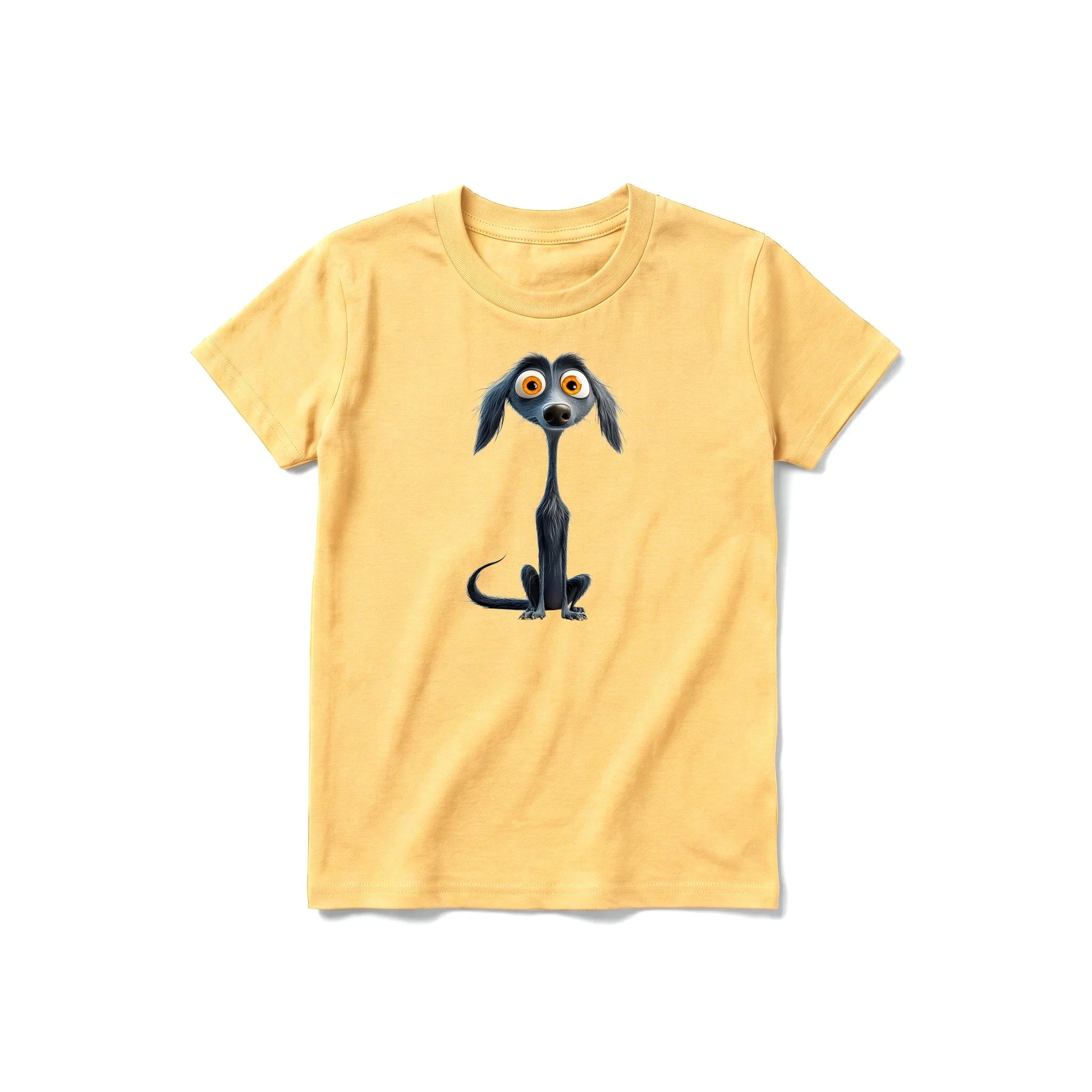 A mustard short-sleeve crewneck t-shirt for youth featuring a graphic of a dog on the front.