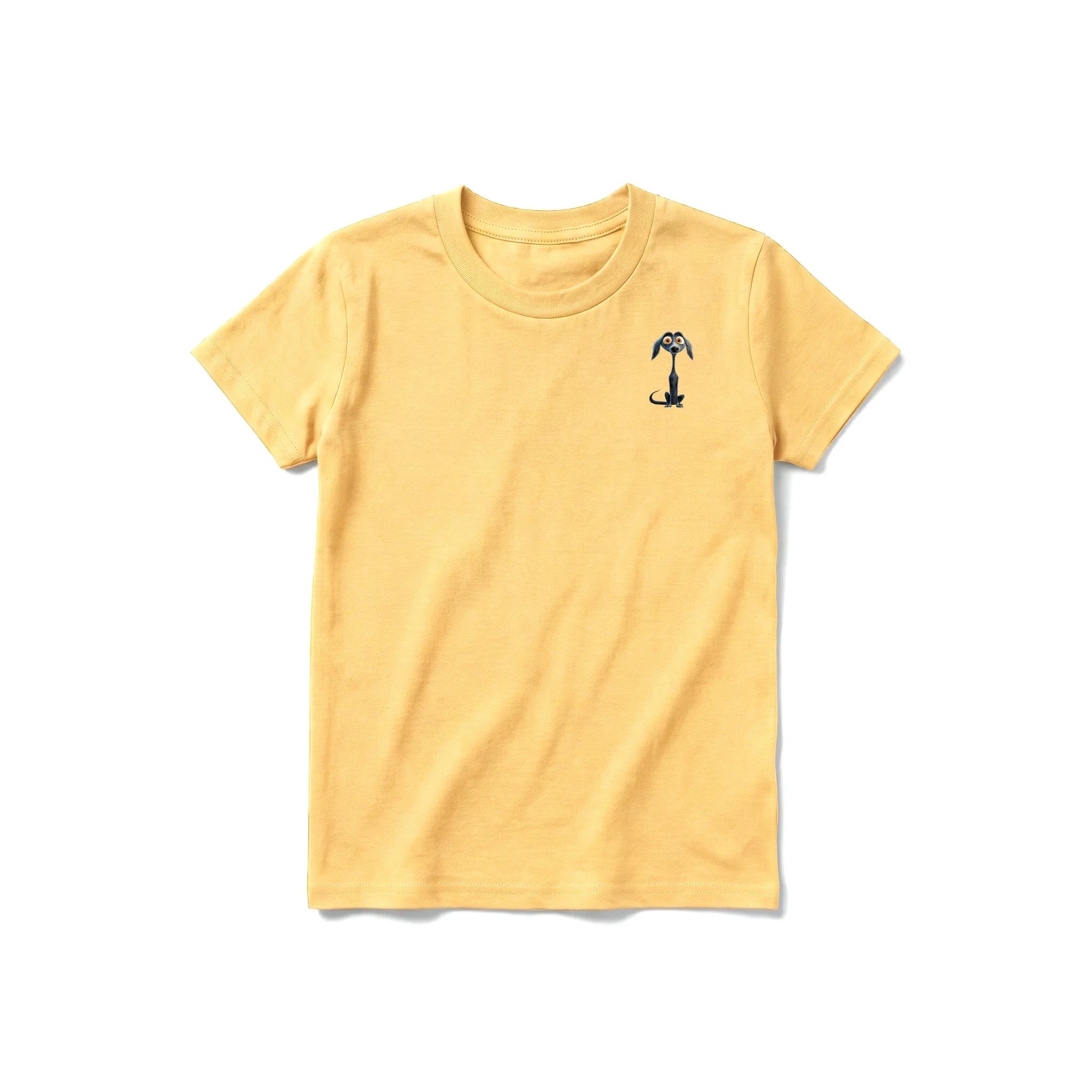 A mustard short-sleeve crewneck t-shirt for youth featuring a graphic of a dog on the left chest.