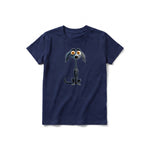 A navy short-sleeve crewneck t-shirt for youth featuring a graphic of a dog on the front.