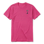 A raspberry short-sleeve crewneck t-shirt for adult featuring a graphic of a dog on the left chest.