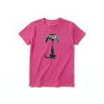 A raspberry short-sleeve crewneck t-shirt for youth featuring a graphic of a dog on the front.