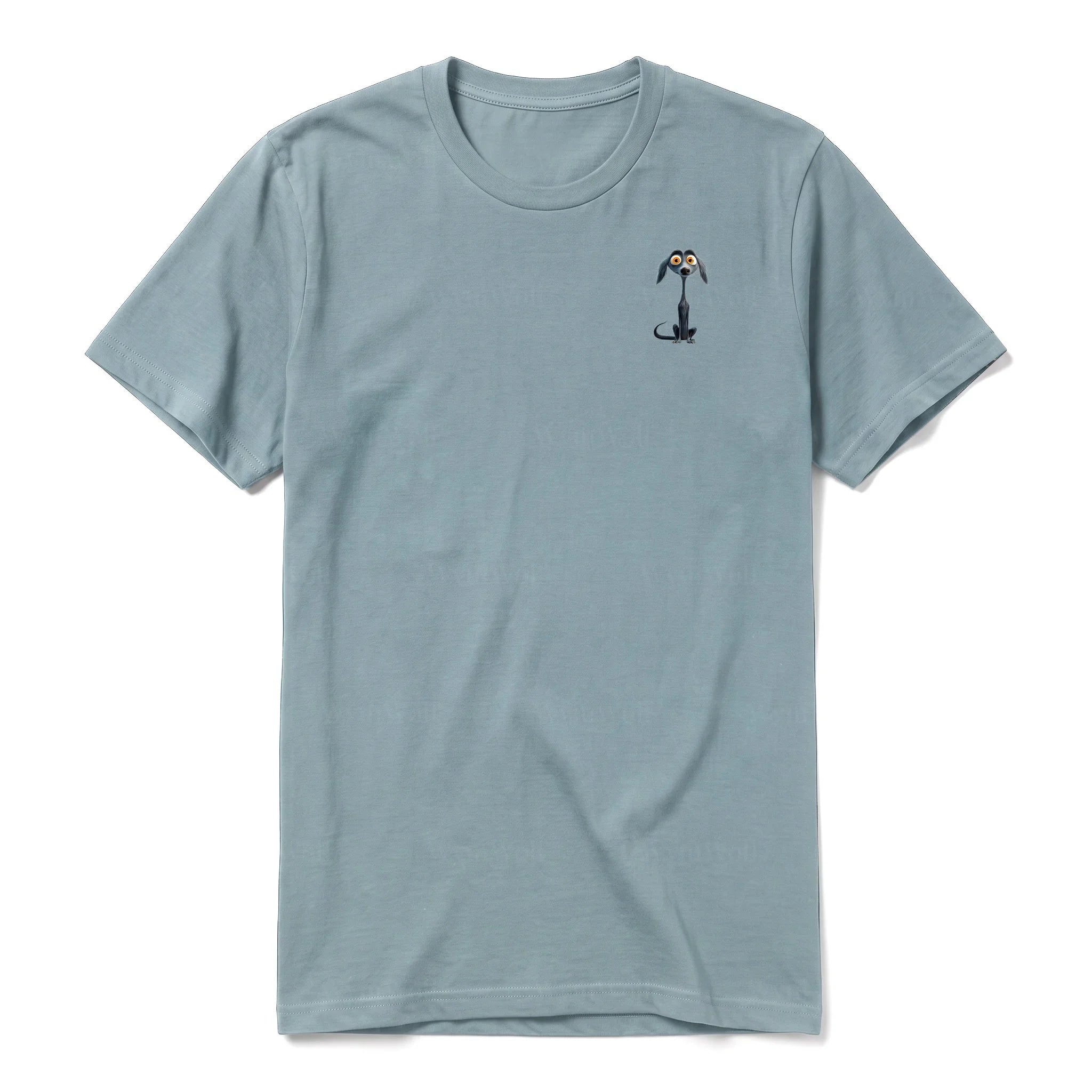 Un T-shirt sauge à manches courtes et col rond, orné d'un motif représentant un chien sur la poitrine gauche.