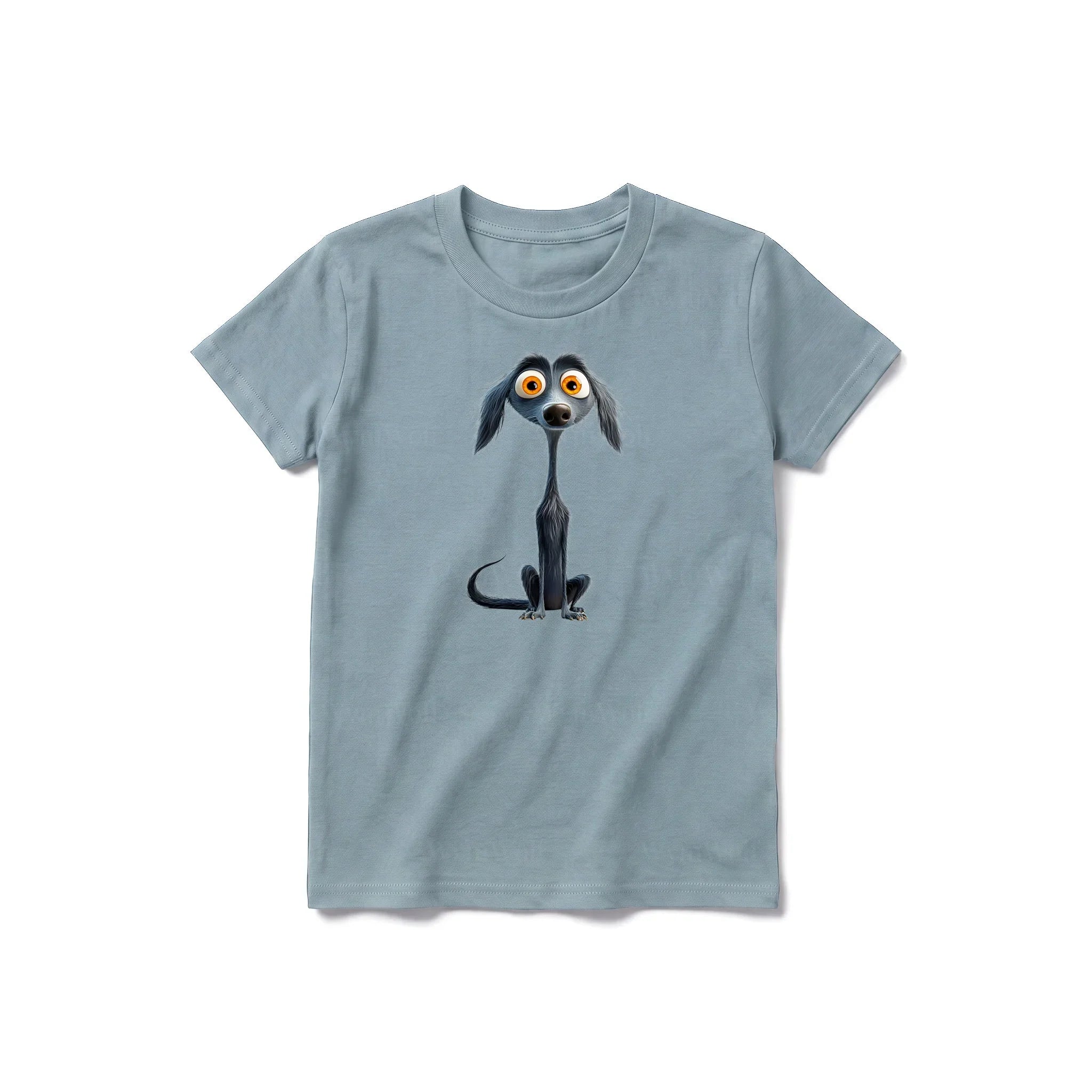 Un T-shirt sauge à manches courtes et col rond pour jeune, orné d'un motif représentant un chien sur le devant.
