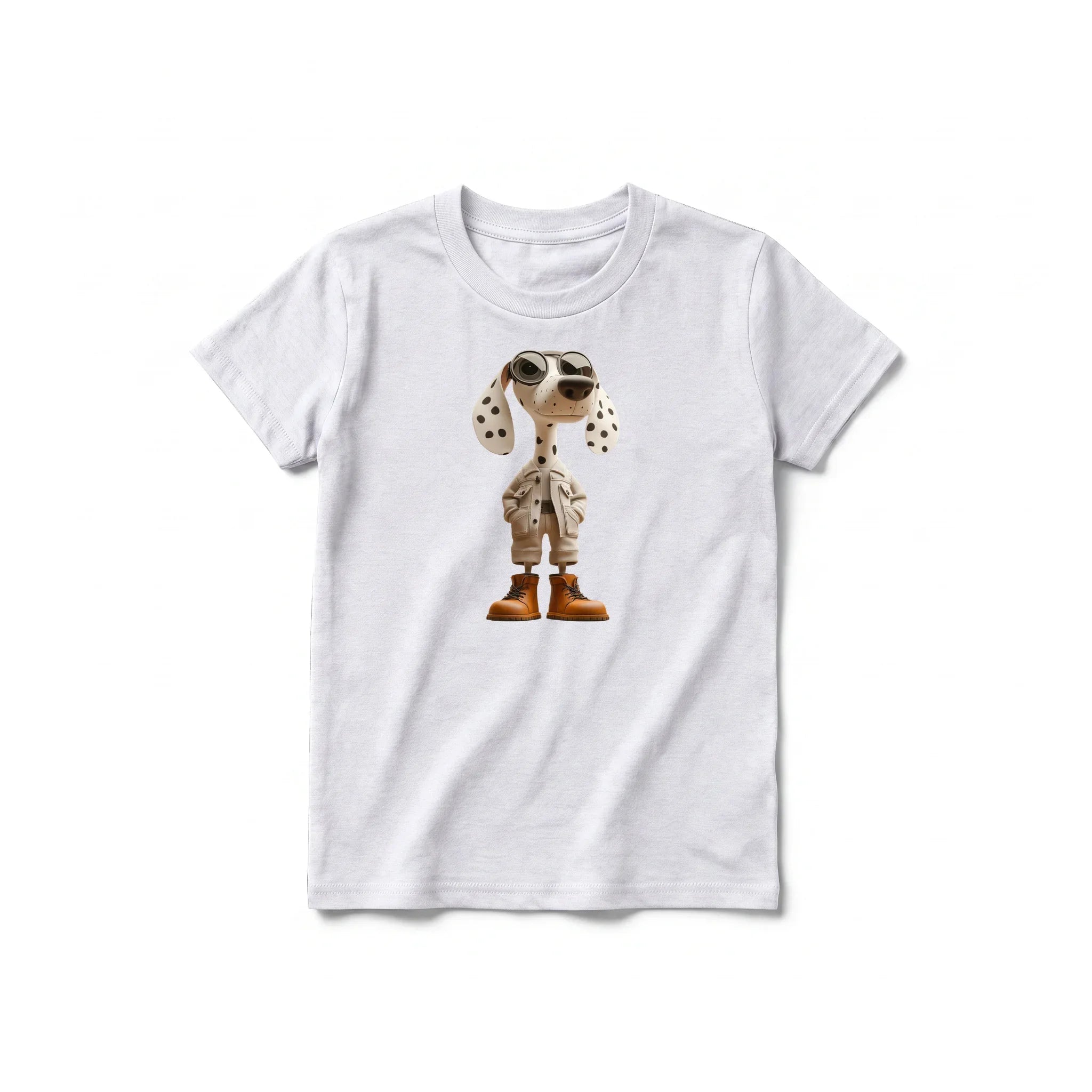 A ash grey short-sleeve crewneck t-shirt for youth featuring a graphic of a dog on the front.