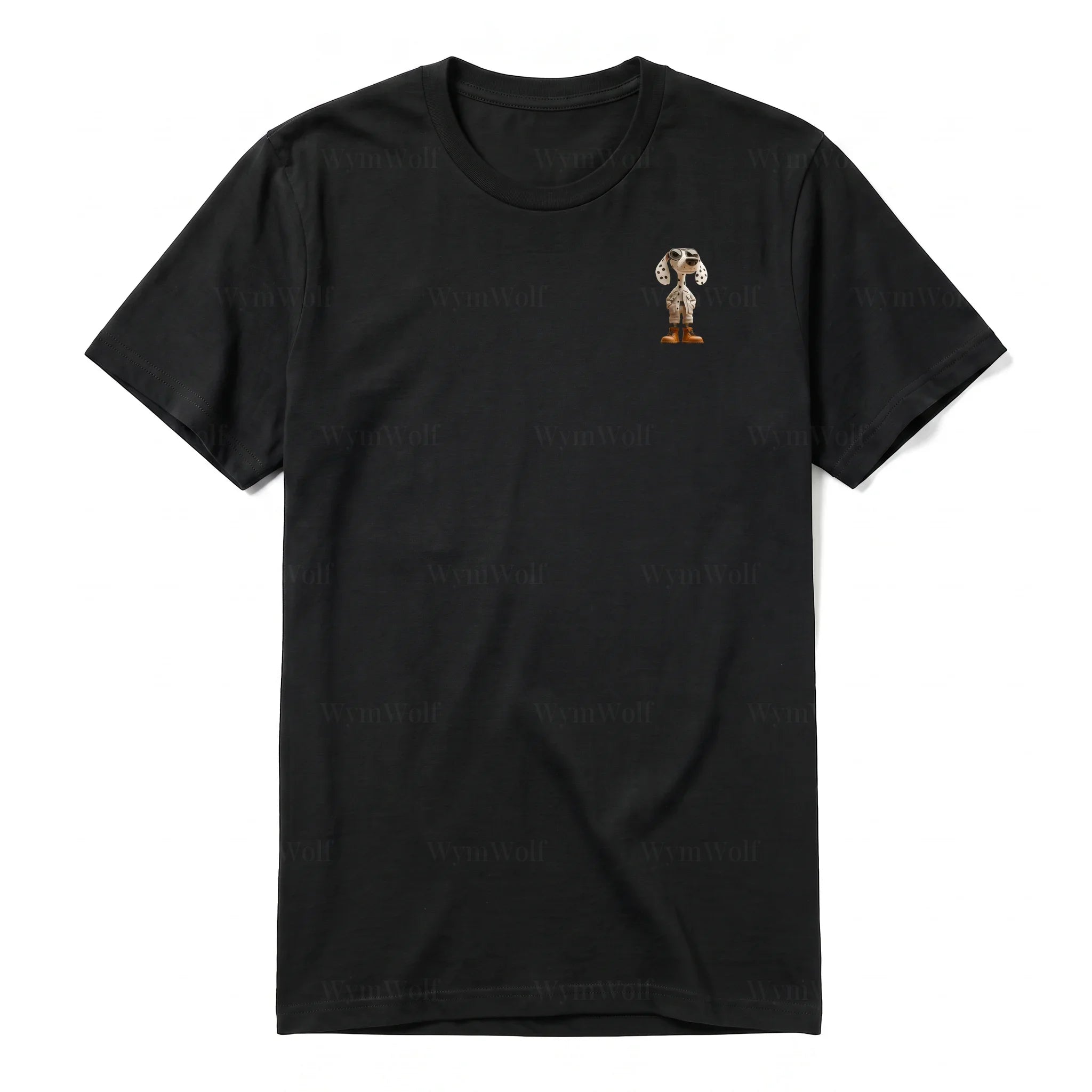 A black short-sleeve crewneck t-shirt for adult featuring a graphic of a dog on the left chest.