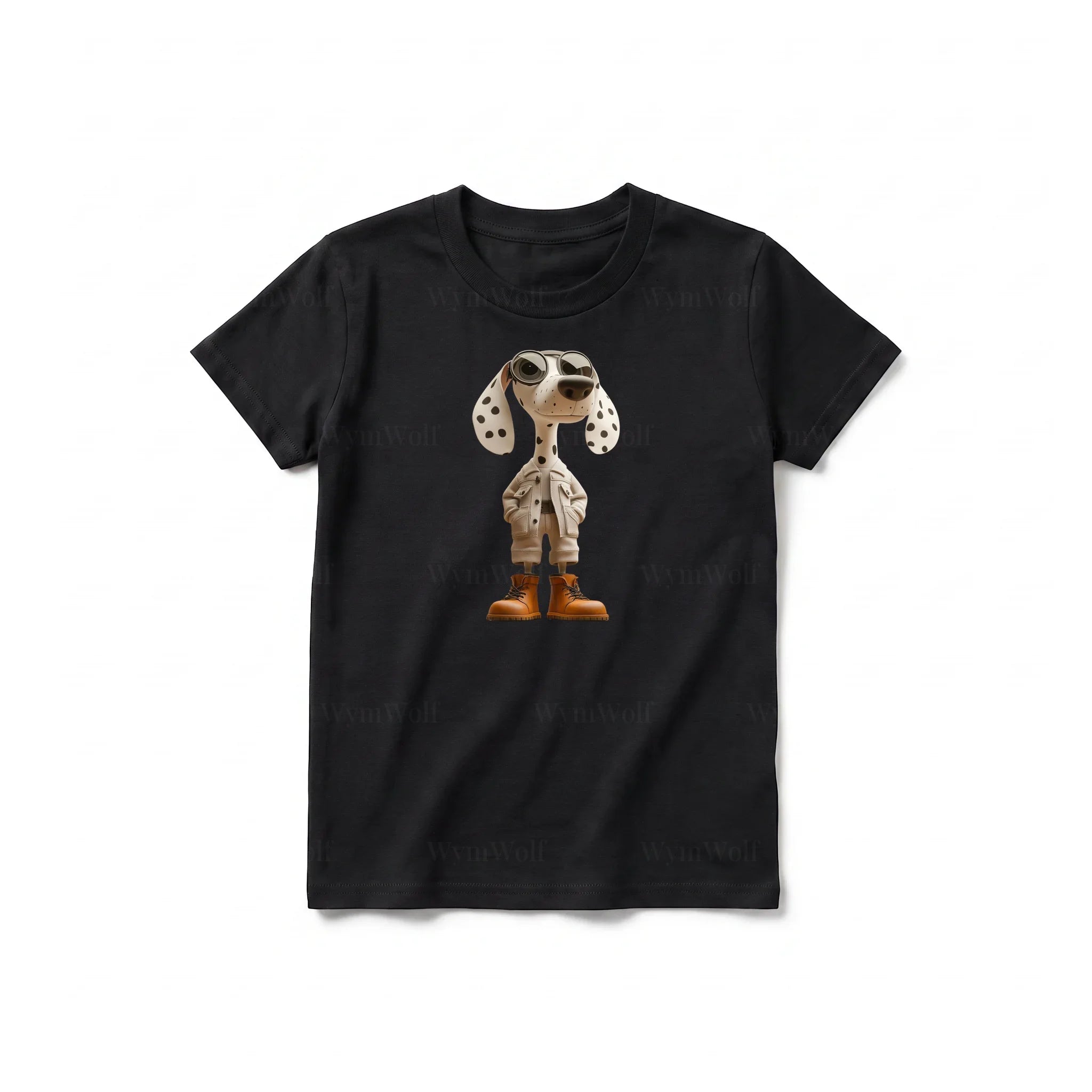 A black short-sleeve crewneck t-shirt for youth featuring a graphic of a dog on the front.