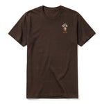 A chocolate short-sleeve crewneck t-shirt for adult featuring a graphic of a dog on the left chest.