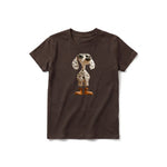 A chocolate short-sleeve crewneck t-shirt for youth featuring a graphic of a dog on the front.