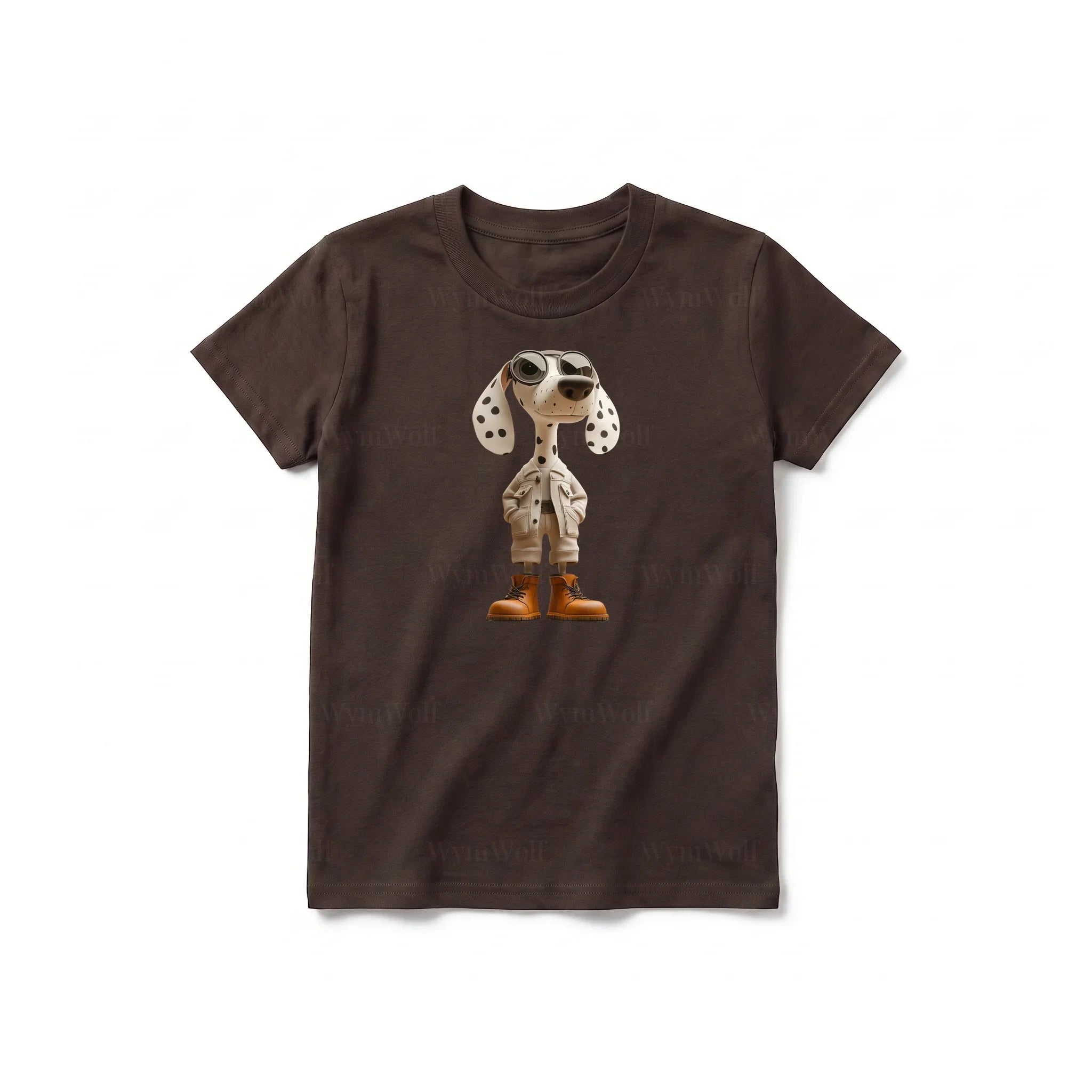 A chocolate short-sleeve crewneck t-shirt for youth featuring a graphic of a dog on the front.