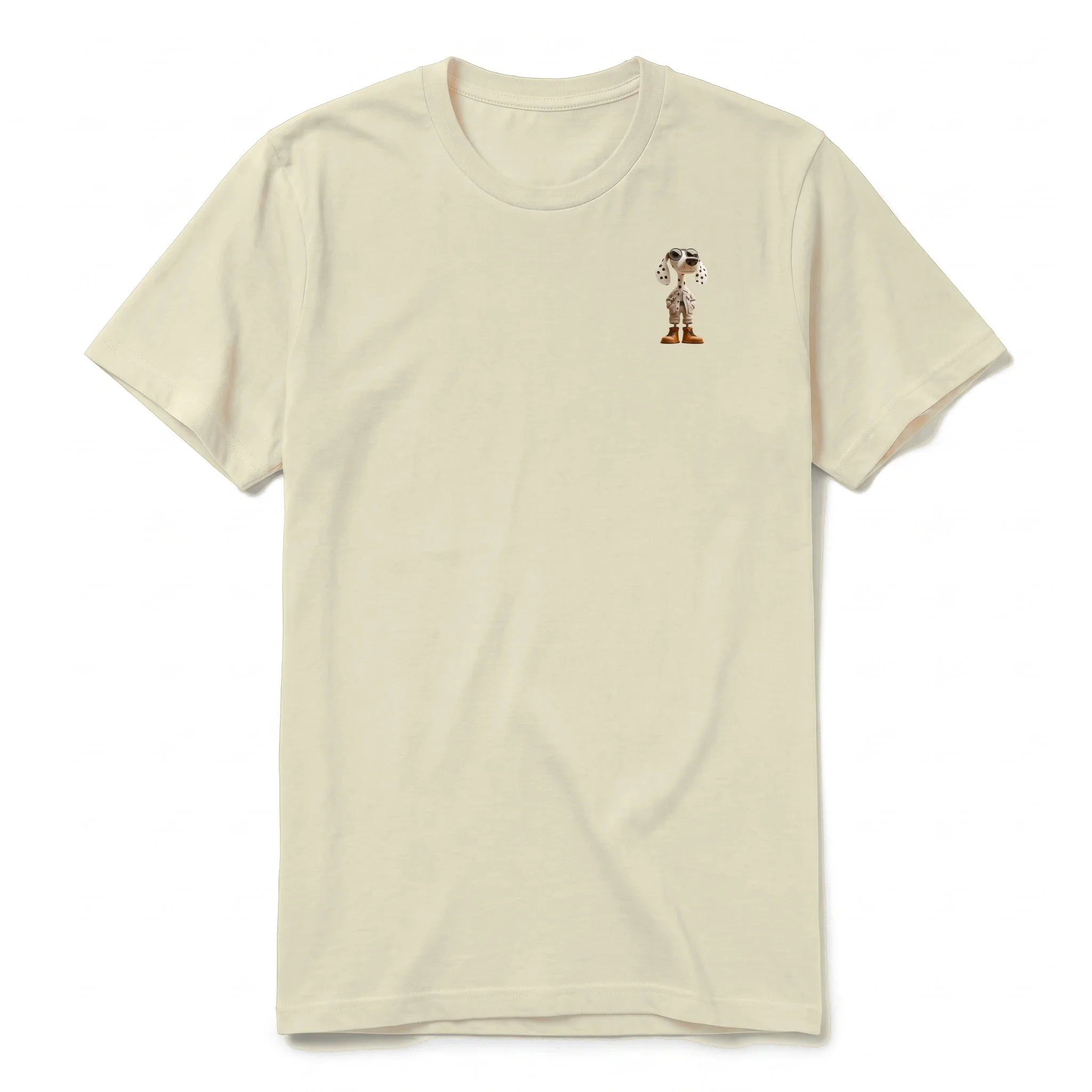 A latte short-sleeve crewneck t-shirt for adult featuring a graphic of a dog on the left chest.