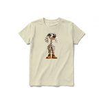 A latte short-sleeve crewneck t-shirt for youth featuring a graphic of a dog on the front.