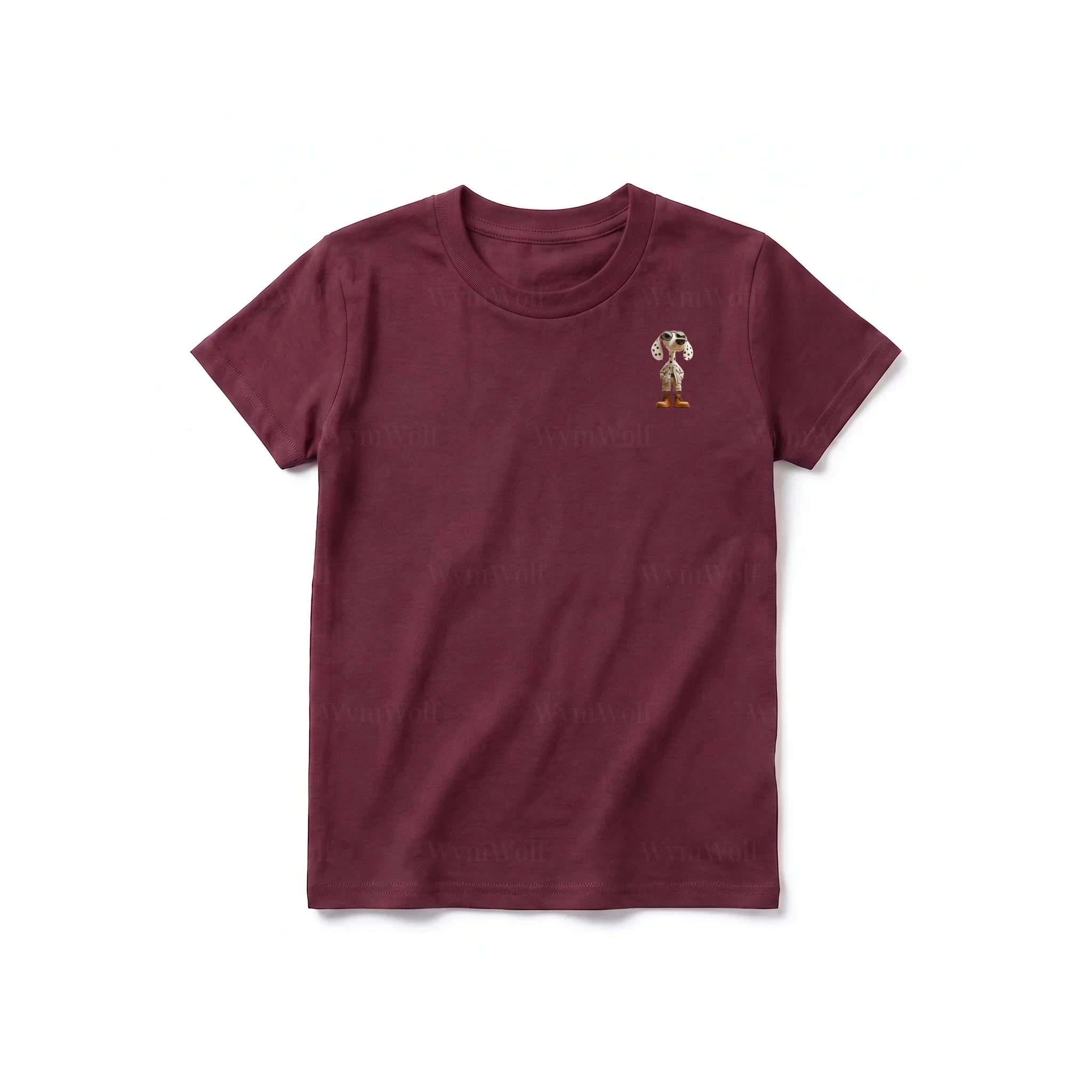 Un T-shirt marron à manches courtes et col rond pour jeune, orné d'un motif représentant un chien sur la poitrine gauche.