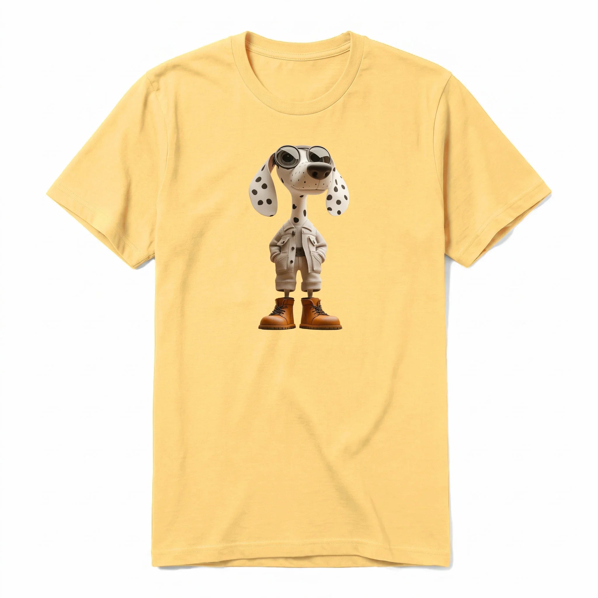 Un T-shirt moutarde à manches courtes et col rond, orné d'un motif représentant un chien sur le devant.