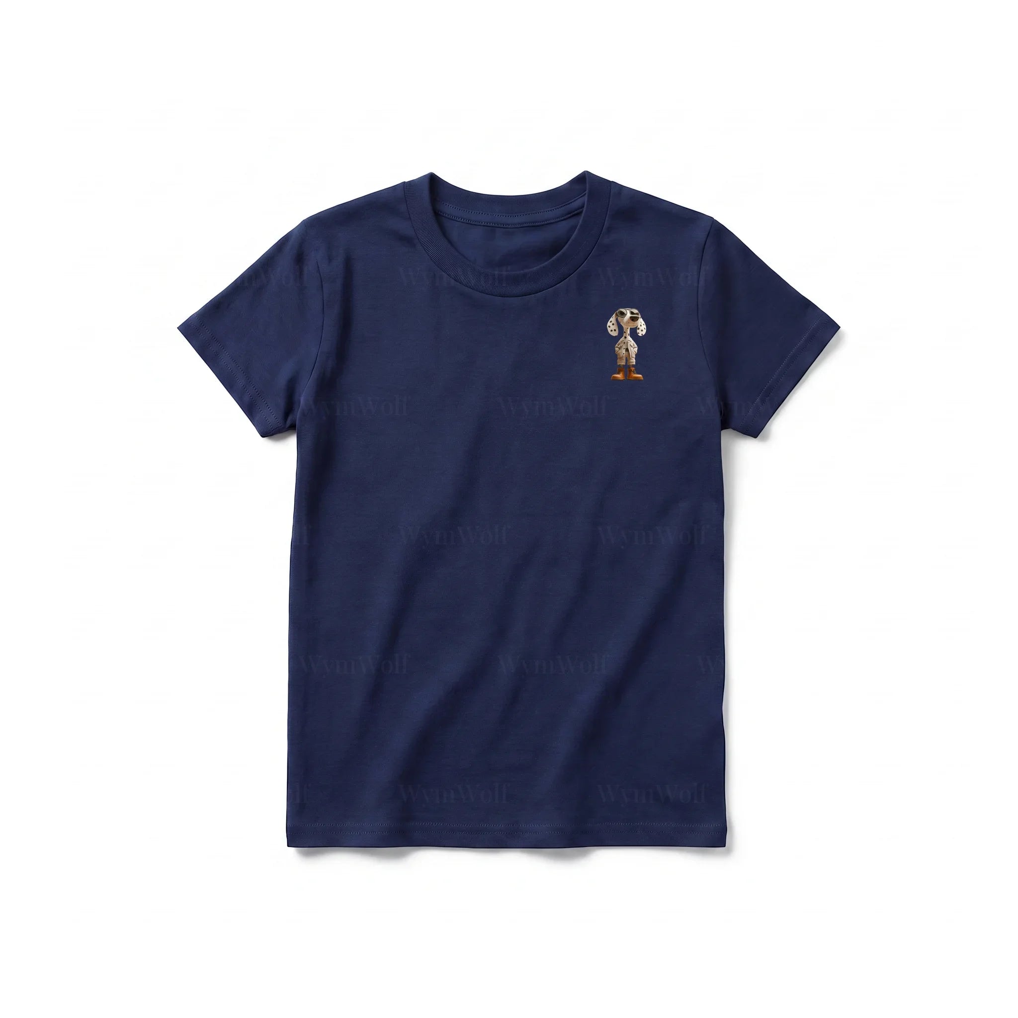 A navy short-sleeve crewneck t-shirt for youth featuring a graphic of a dog on the left chest.