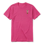 A raspberry short-sleeve crewneck t-shirt for adult featuring a graphic of a dog on the left chest.