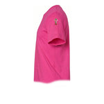 A raspberry short-sleeve crewneck t-shirt  featuring a small graphic of a dog on the upper left sleeve.