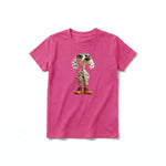 A raspberry short-sleeve crewneck t-shirt for youth featuring a graphic of a dog on the front.