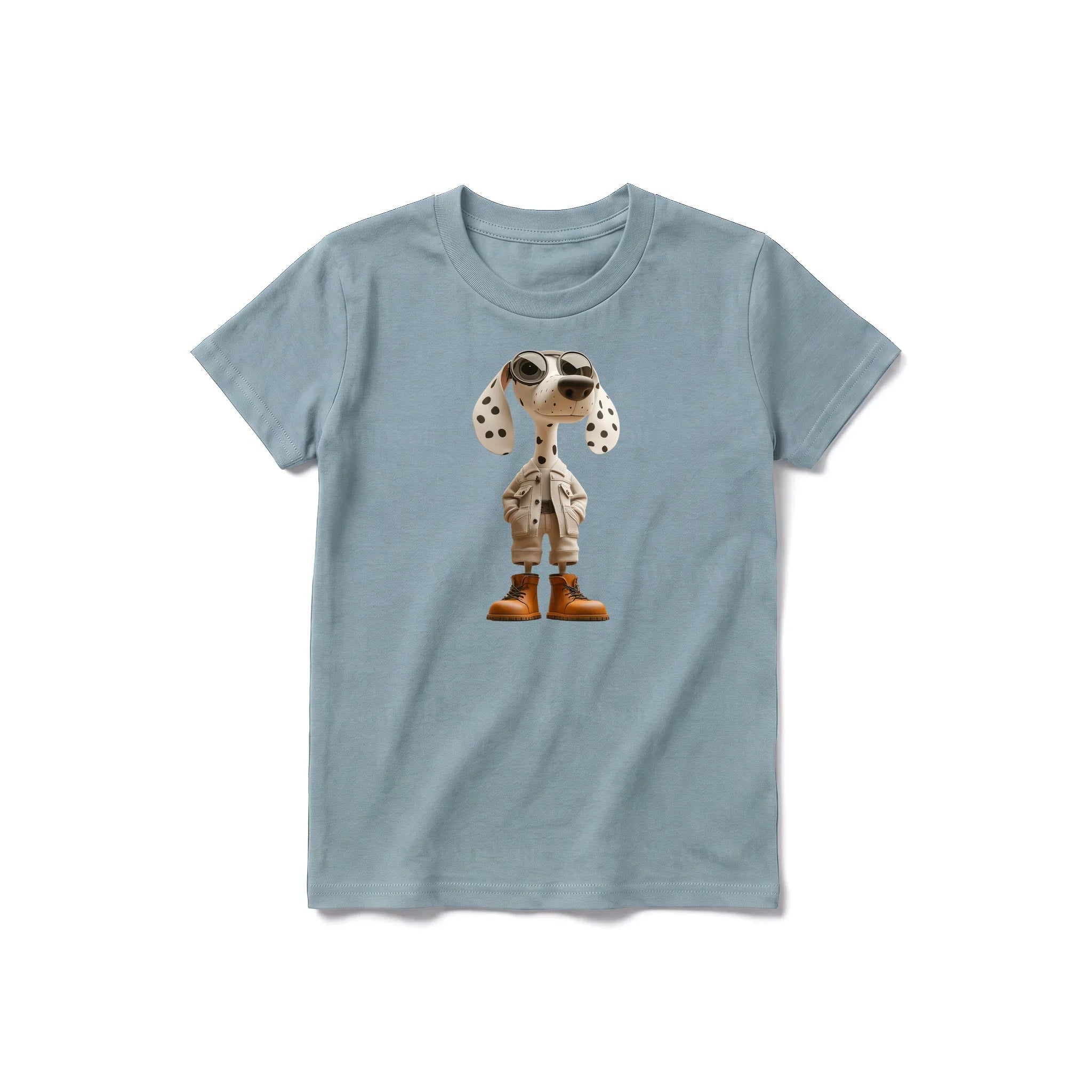 Un T-shirt sauge à manches courtes et col rond pour jeune, orné d'un motif représentant un chien sur le devant.