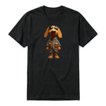A black short-sleeve crewneck t-shirt for adult featuring a graphic of a dog on the front.