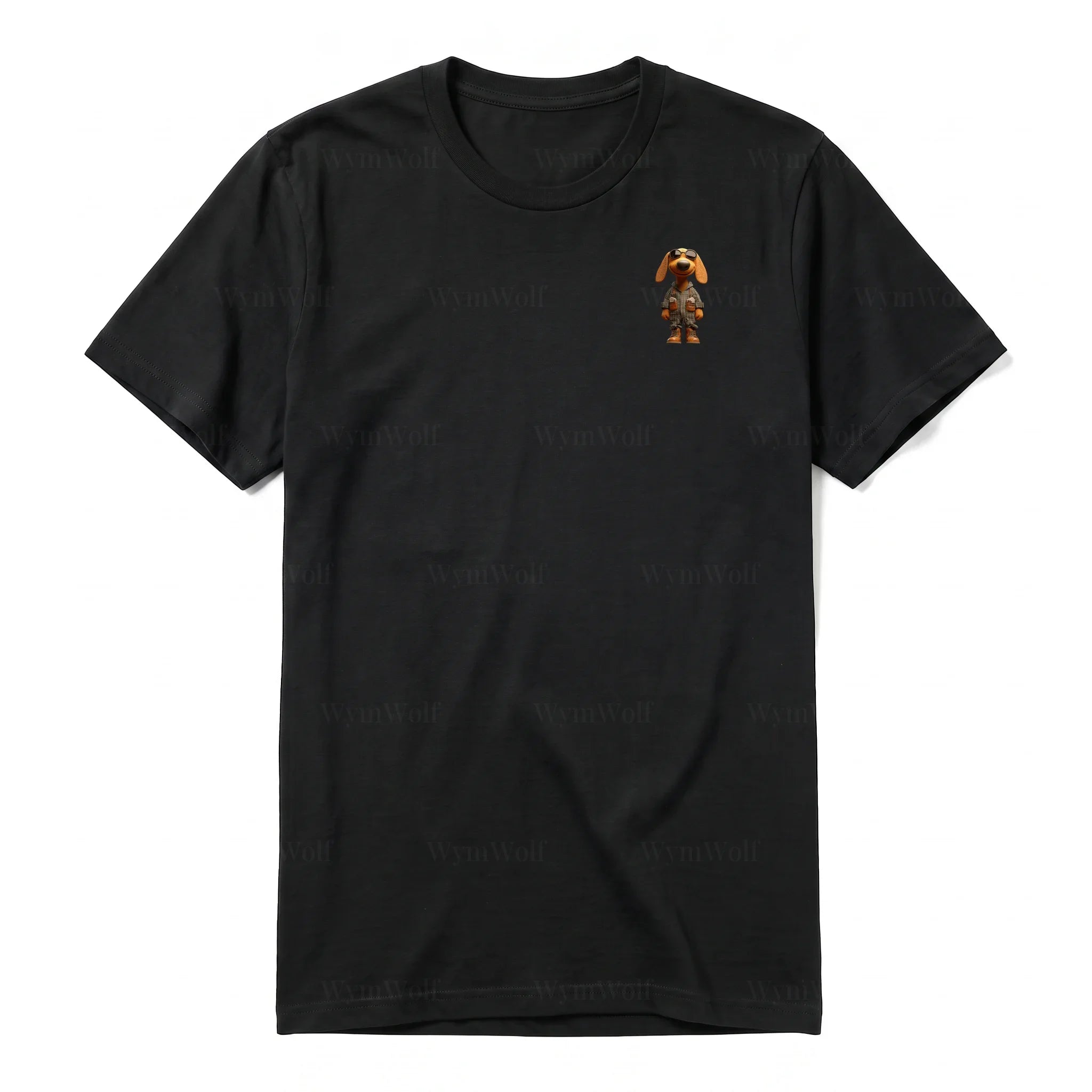 A black short-sleeve crewneck t-shirt for adult featuring a graphic of a dog on the left chest.