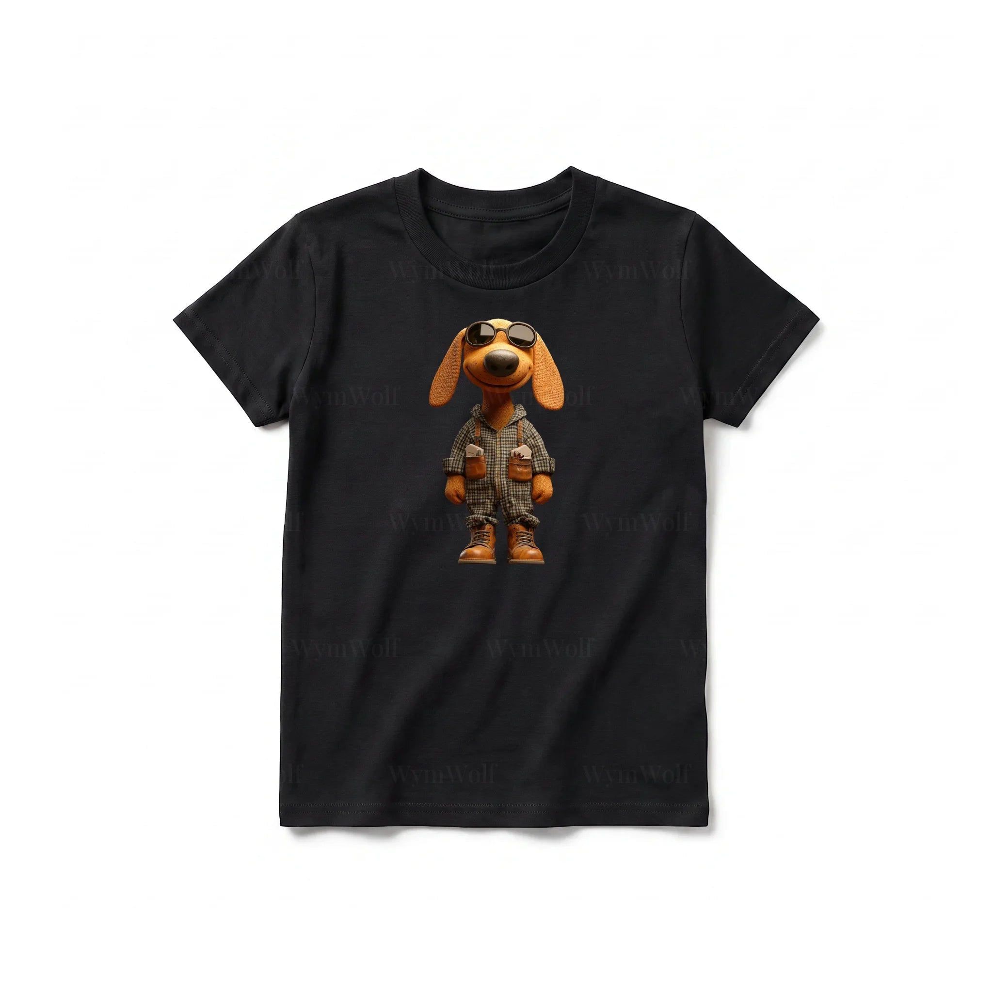 A black short-sleeve crewneck t-shirt for youth featuring a graphic of a dog on the front.
