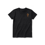 A black short-sleeve crewneck t-shirt for youth featuring a graphic of a dog on the left chest.