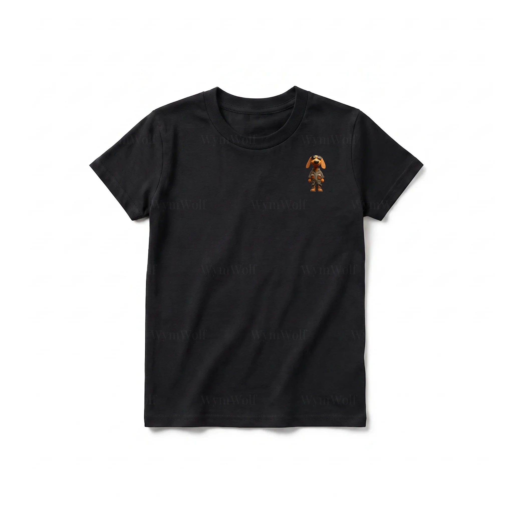 A black short-sleeve crewneck t-shirt for youth featuring a graphic of a dog on the left chest.