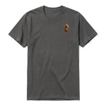 A charcoal short-sleeve crewneck t-shirt for adult featuring a graphic of a dog on the left chest.