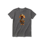A charcoal short-sleeve crewneck t-shirt for youth featuring a graphic of a dog on the front.